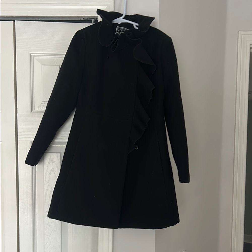Black Ruffle Front Wool-Blend Coat